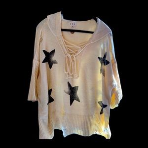 POL Cream Lace-Up Star Print Sweater Top